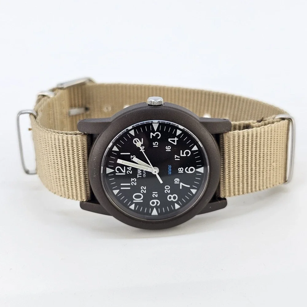 2011 Timex Camper Men Field Watch 34MM Black Dial New Tan Canvas Band NewBattery